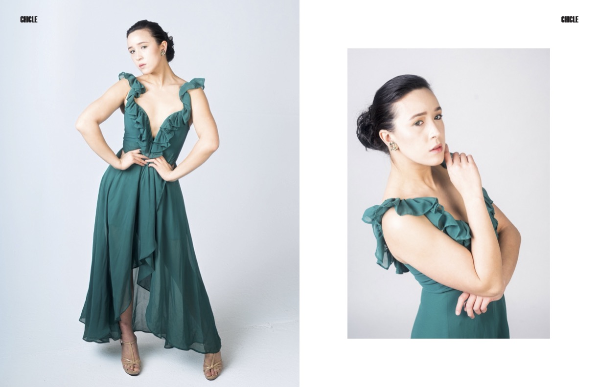 Emerald Reverie editorial — CHICLE Magazine — fashion portrait of model in an emerald chiffon dress designed by Victoria, photographed by Peter Scholz
