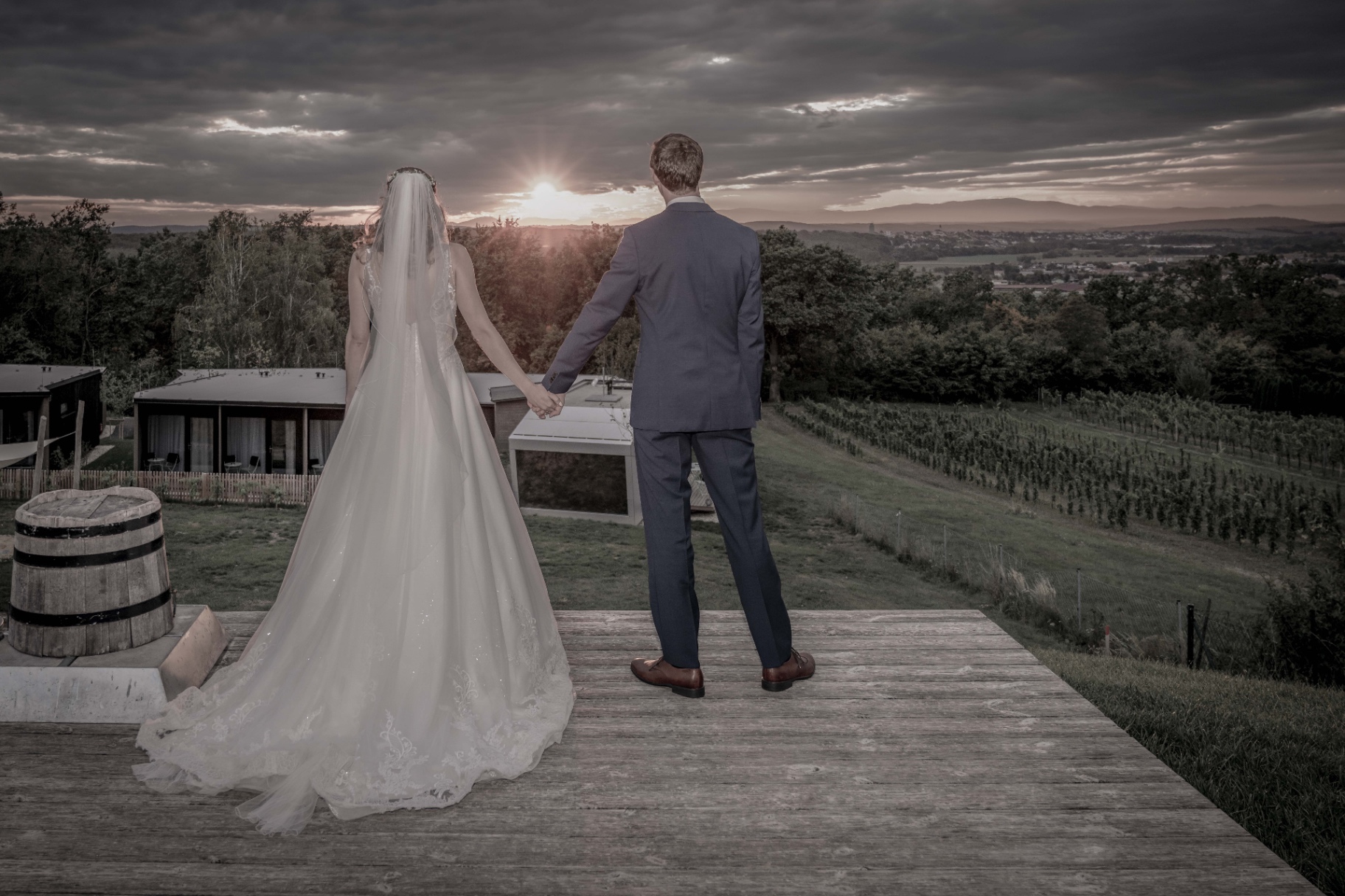 Bride and groom at sunset in the vineyards