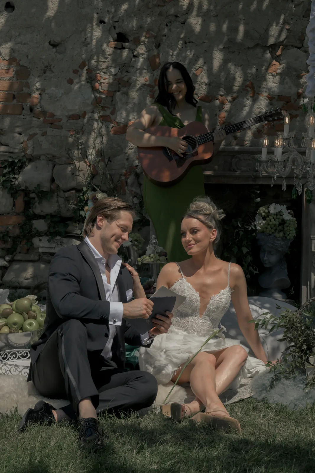 Softly lit bridal portrait in conversation with the groom during an intimate editorial wedding scene at Schloss Haggenberg.