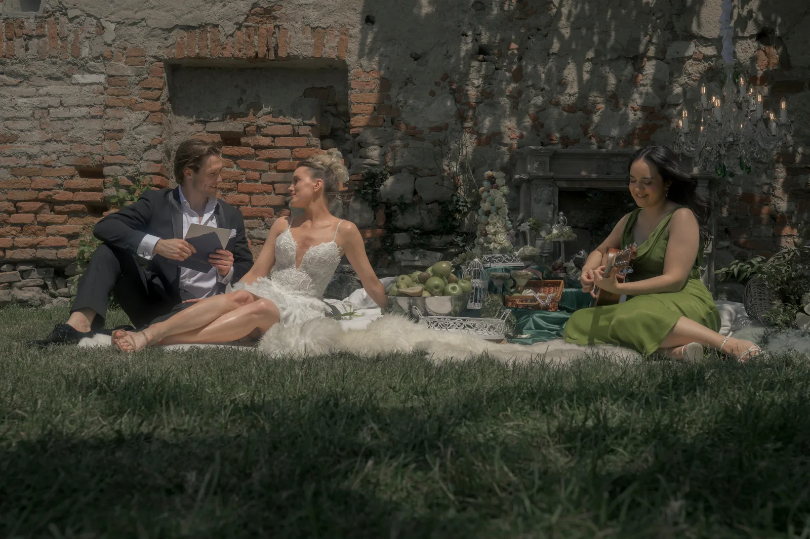 Bride and groom in a quiet editorial wedding scene while music continues softly at Schloss Haggenberg.