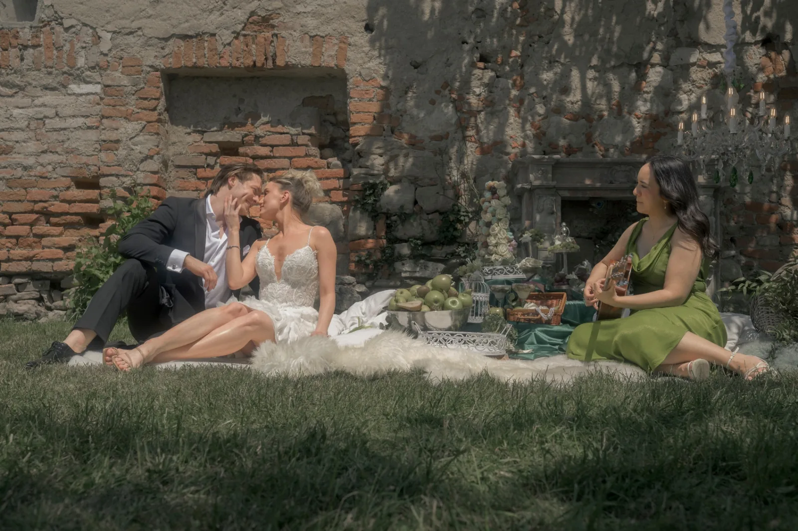 Close romantic moment between bride and groom during a quiet editorial wedding afternoon at Schloss Haggenberg.