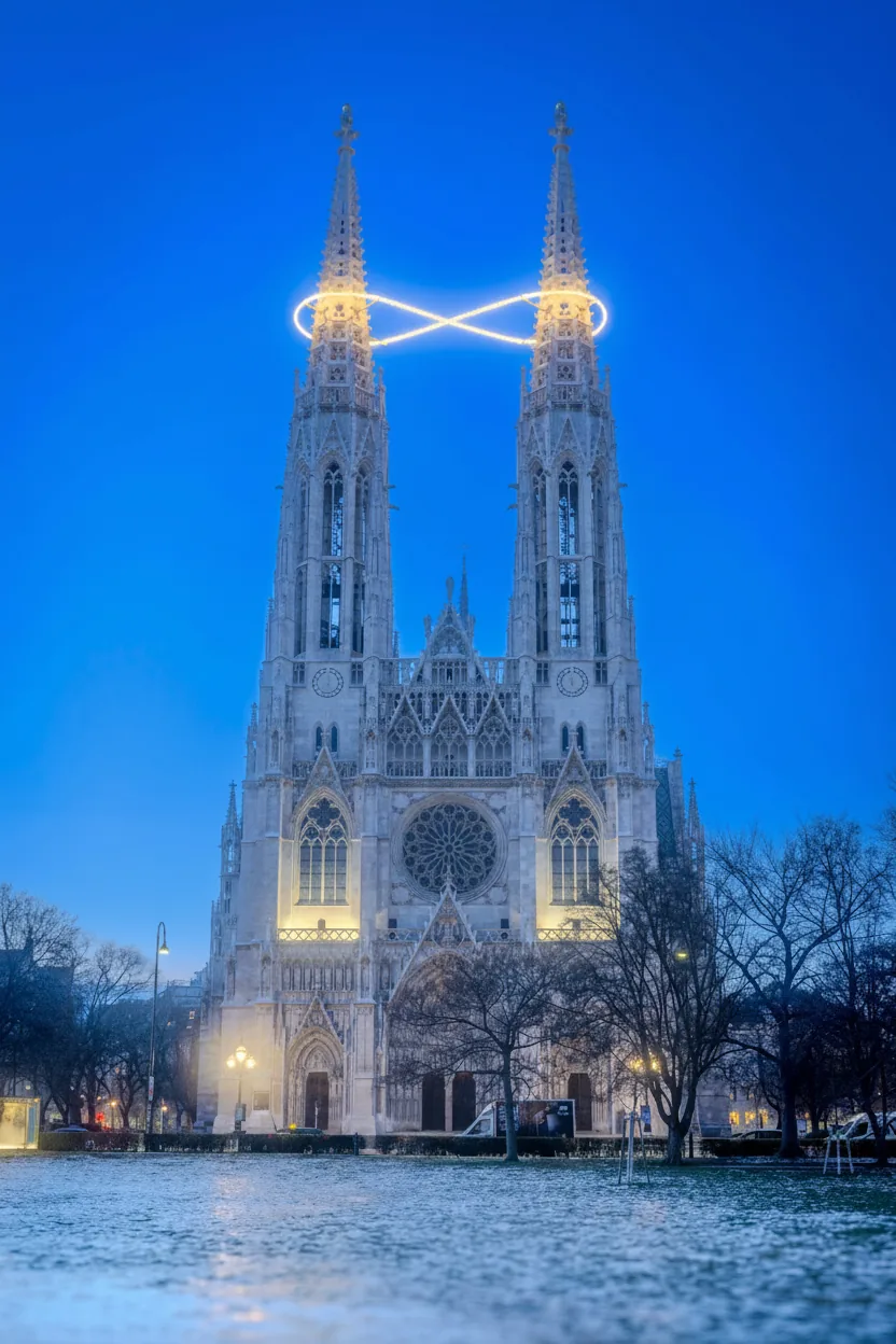 Votivkirche Wien mit Licht-Infinity-Symbol - neugotische Fassade mit goldener Lichtinstallation von Billi Thanner