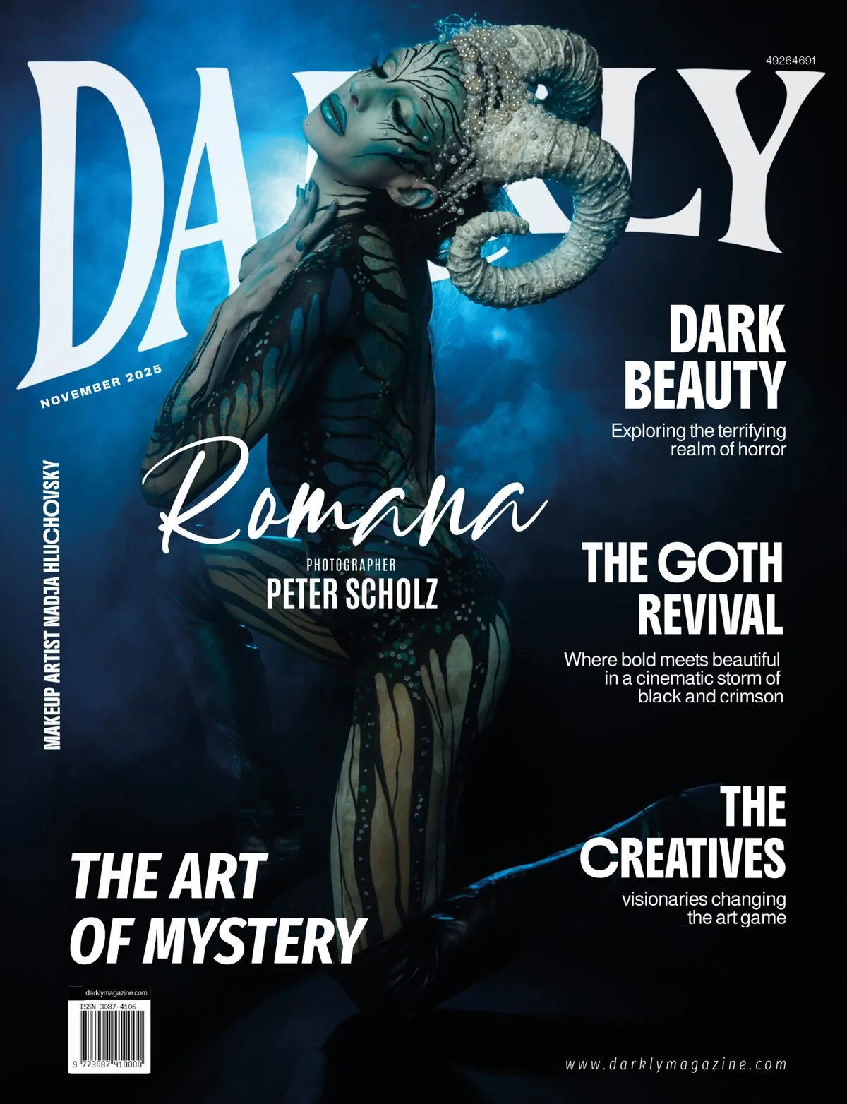 Dark Beauty Revival Editorial - Romana with horned headdress and body painting for Darkly Magazine November 2025 by Peter Scholz