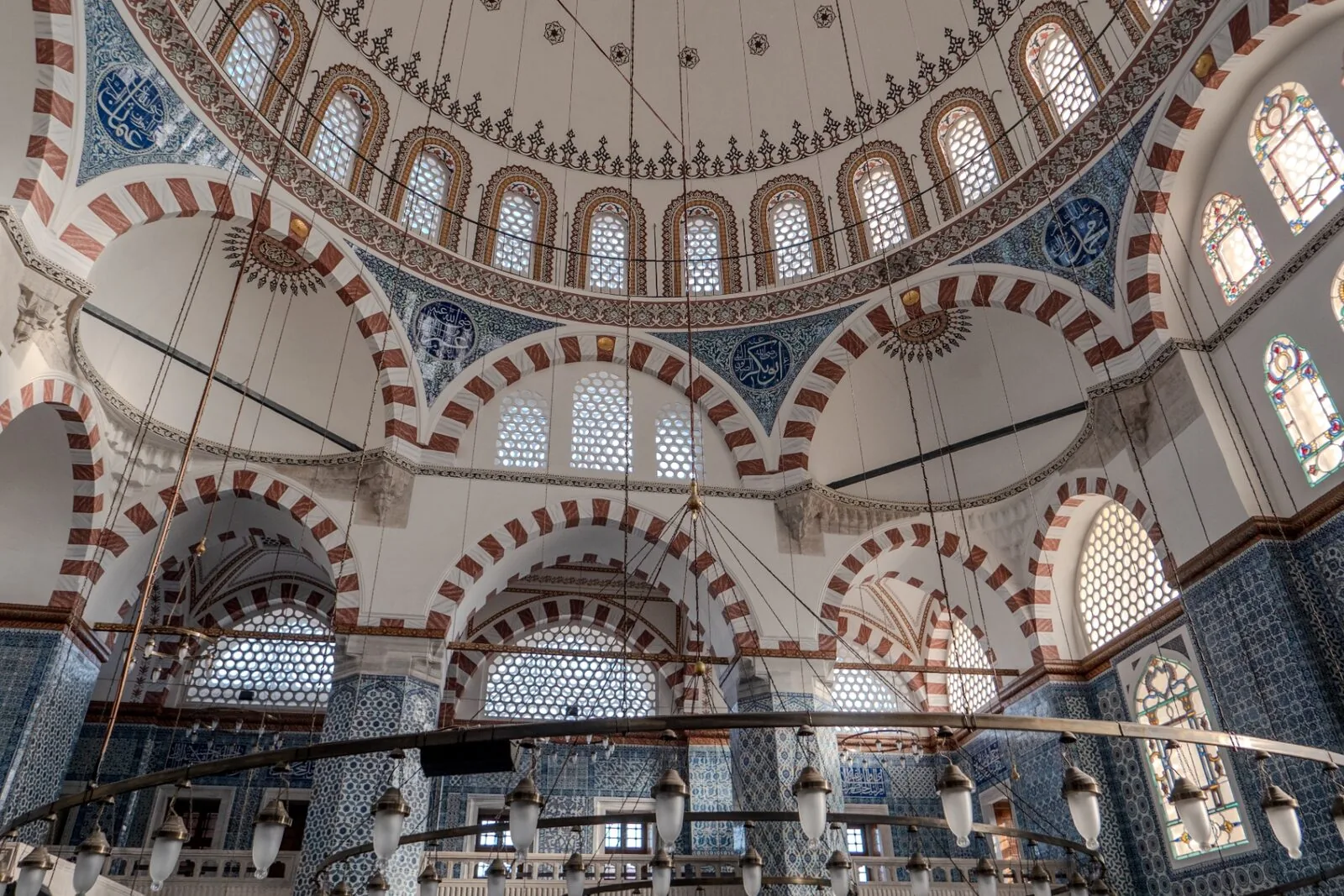 Rüstem Pasha dome interior with striped arches hanging chandeliers Ottoman architecture