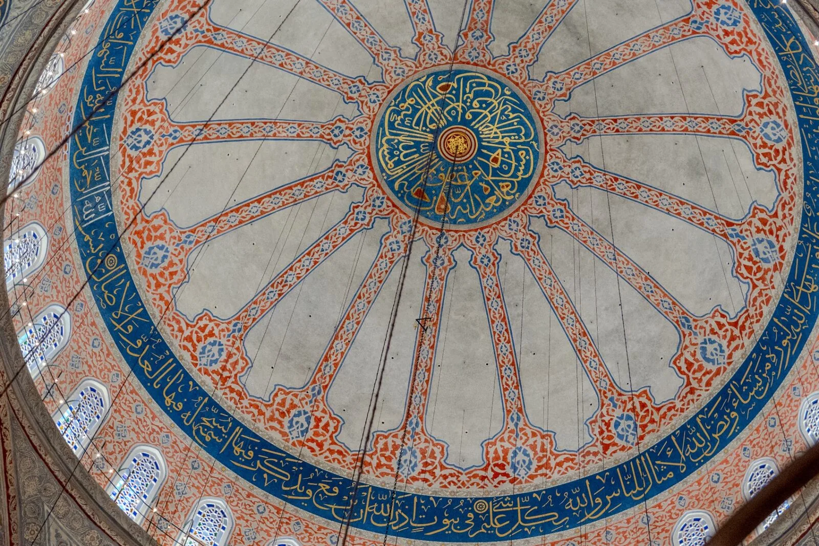 Sultan Ahmed Mosque arabesque dome ceiling detail with intricate floral patterns and gold accents