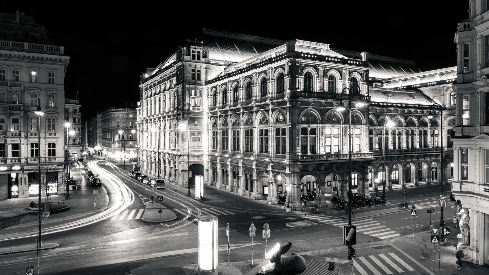 Vienna State Opera wide angle — night cityscape with car light trails, black and white, Leica D-LUX 8 by schopho