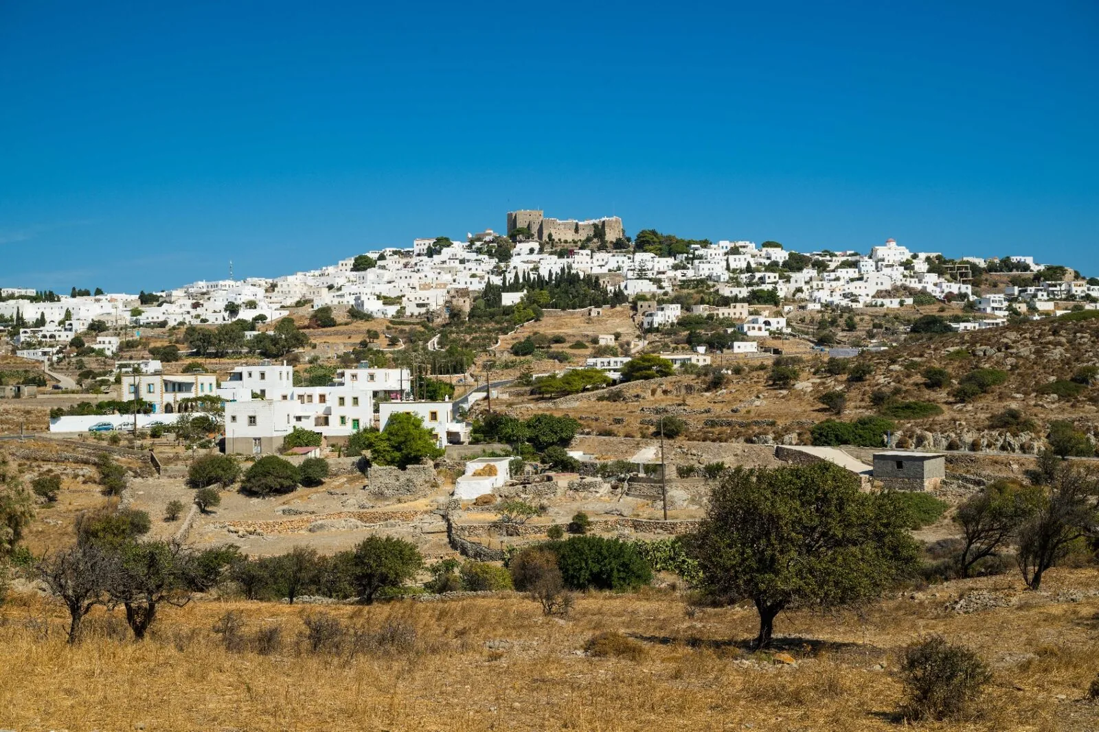 Panoramic view of Chora village with fortress monastery
