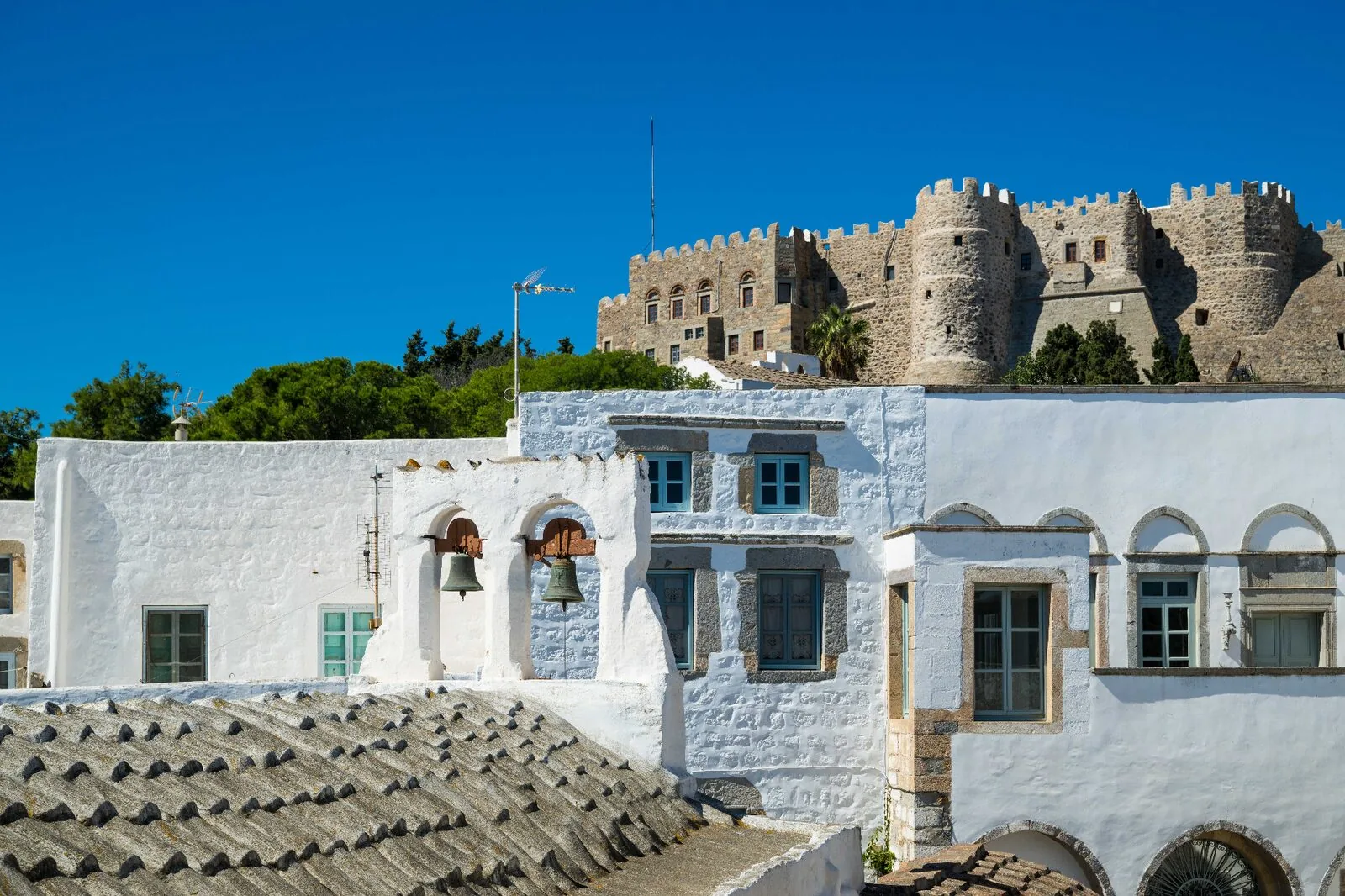 Byzantine monastery exterior with fortress walls