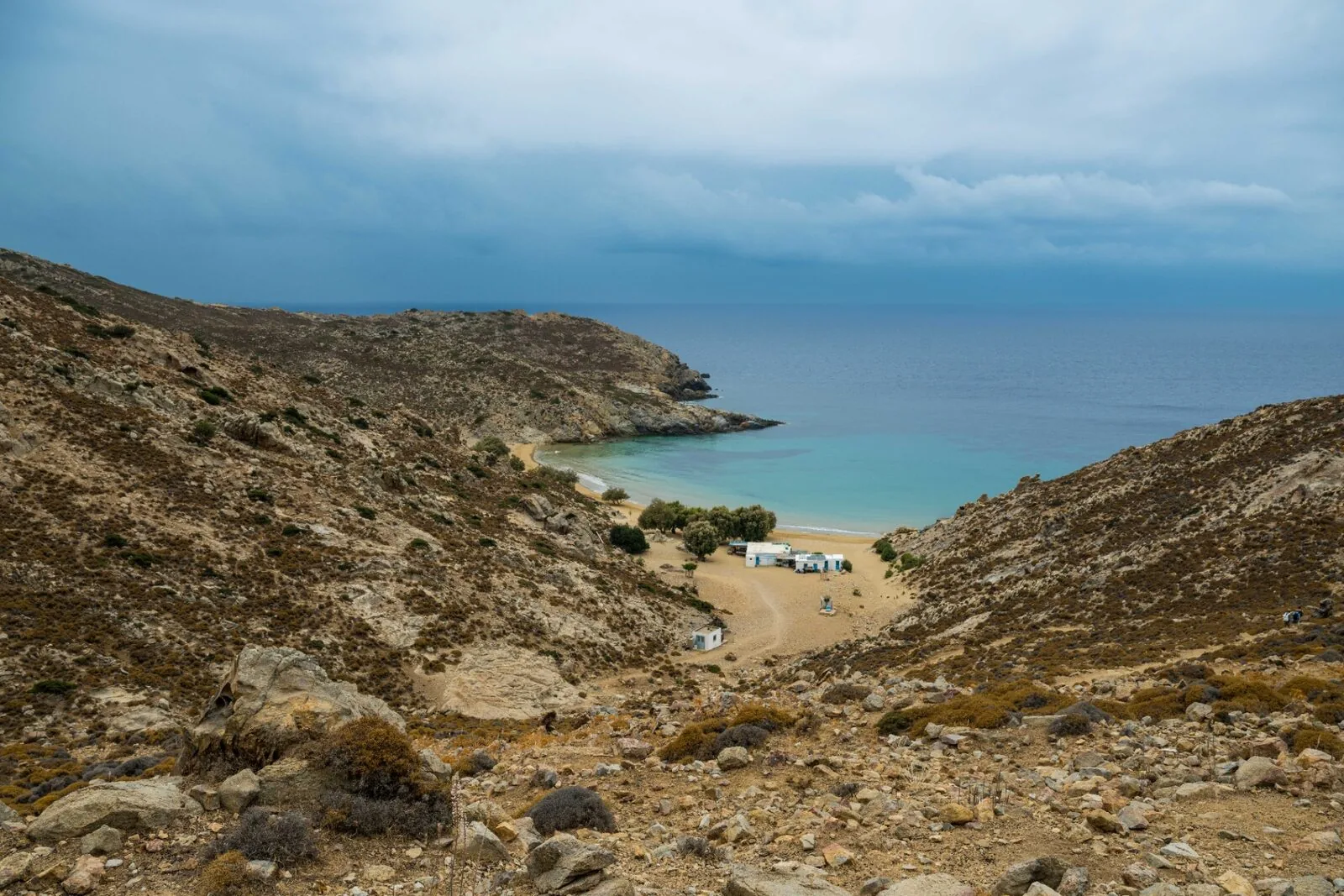 Psili Amos beach Patmos golden sand secluded bay Aegean Sea Greece