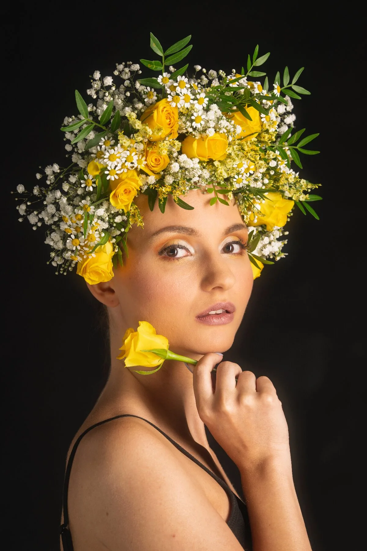 NIKKOR Plena bokeh portrait with flower crown black background